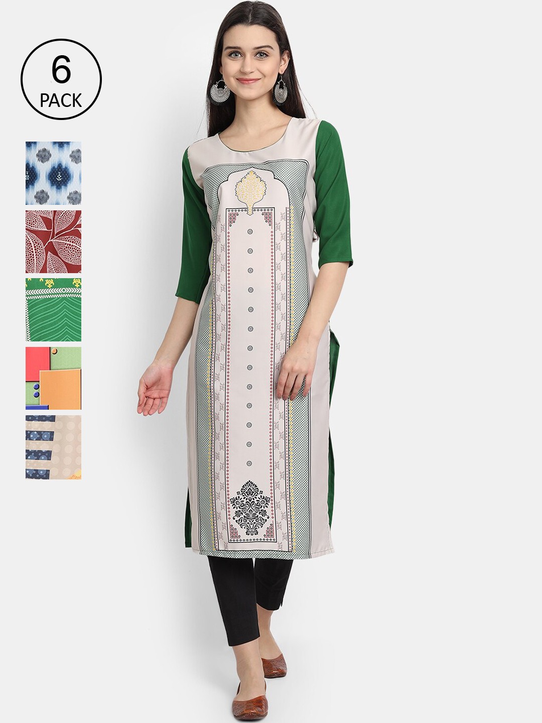 

1 Stop Fashion Women Pack Of 6 Printed Crepe Kurta, Green