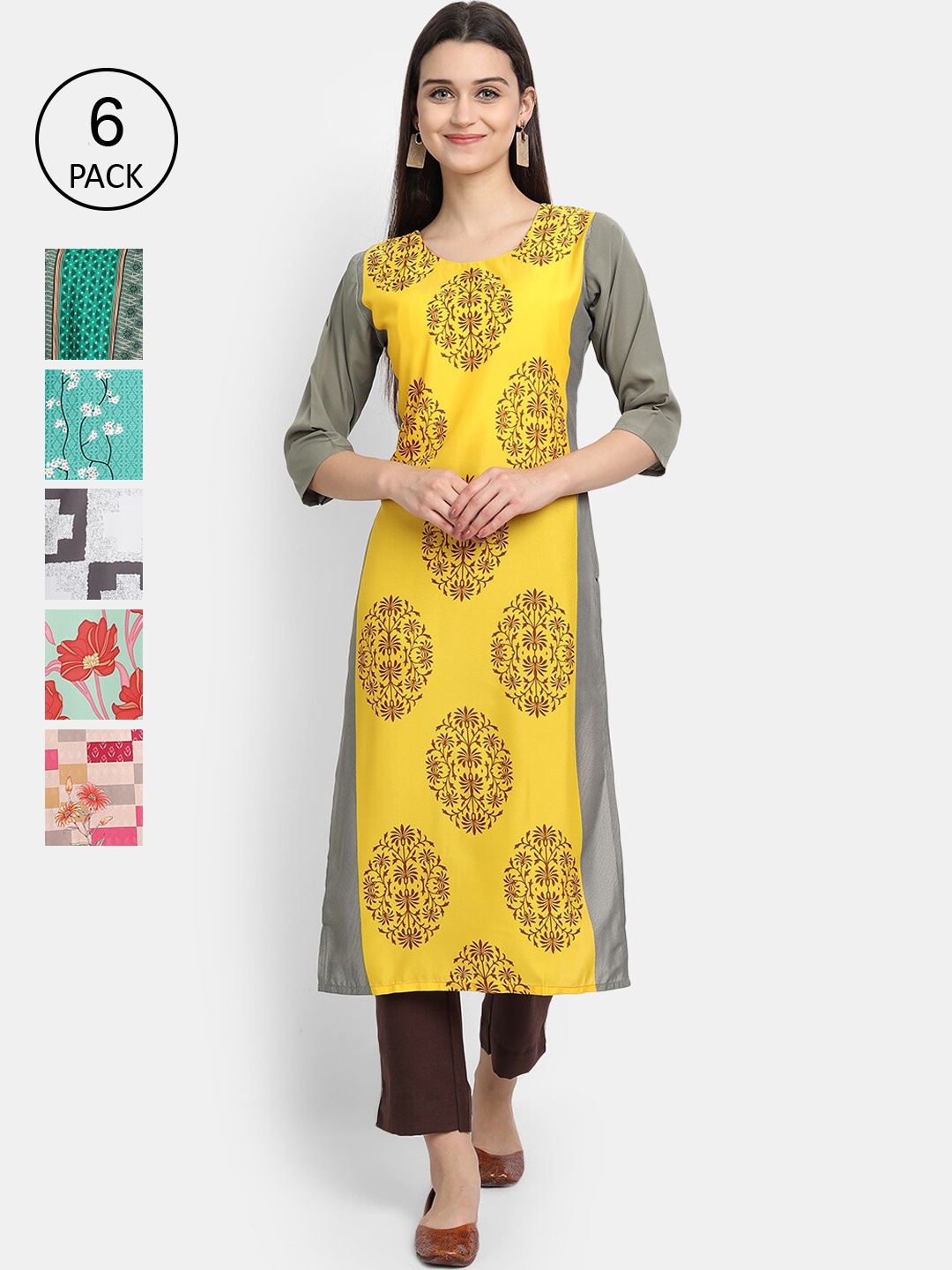 

1 Stop Fashion Women Pack of 6 Printed Kurtas, Yellow