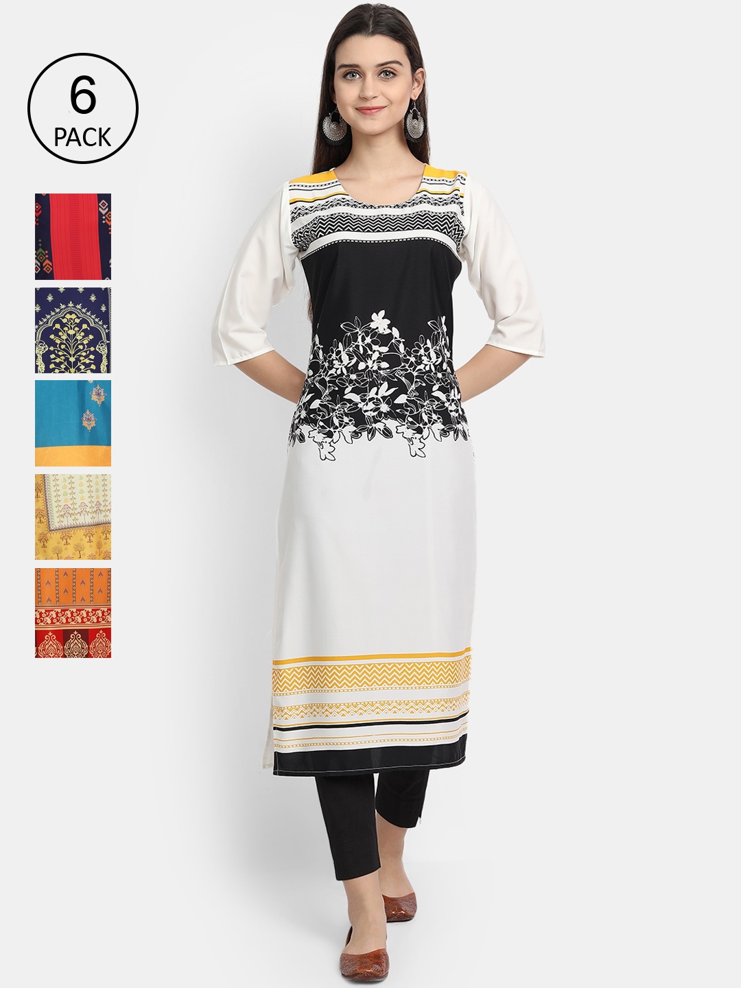 

1 Stop Fashion Women Pack Of 6 Ethnic Motifs Printed Kurta, Orange