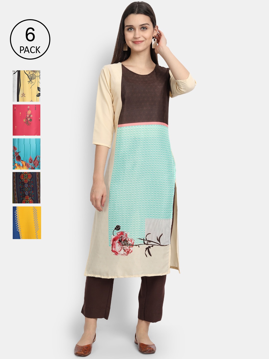 1 Stop Fashion Women Pack Of 6 Digital Printed Crepe Kurta, Blue