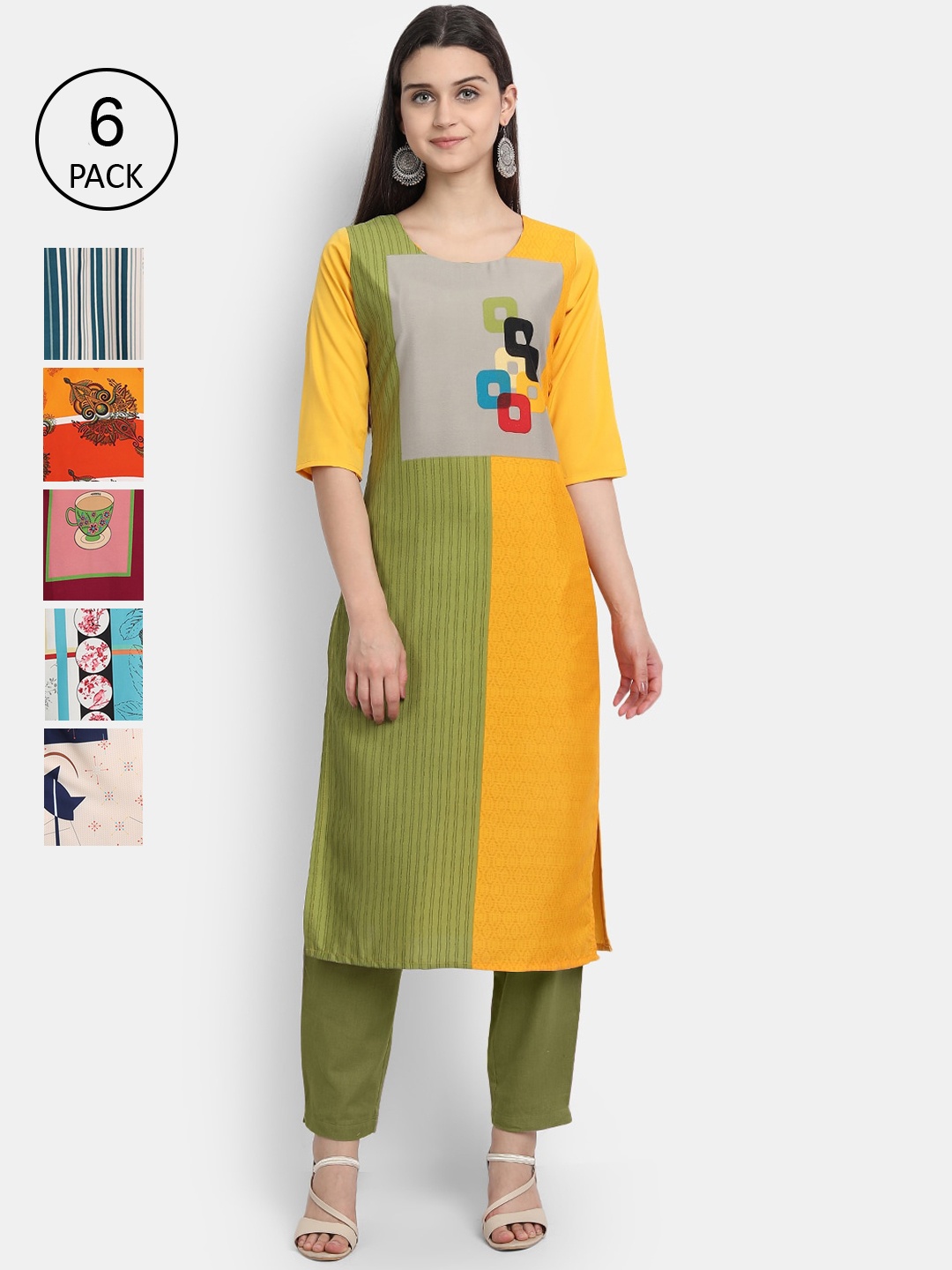 

1 Stop Fashion Women Pack Of 6 Multicoloured Digital Printed Crepe Kurta, Multi