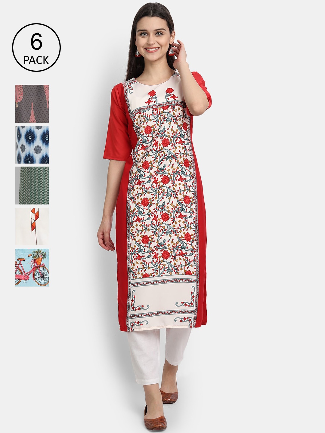 

1 Stop Fashion Women Set of 6 Printed Crepe Kurta, Multi
