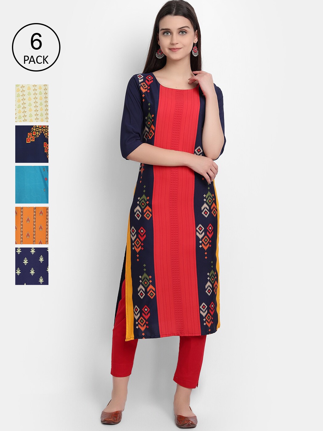 

1 Stop Fashion Women Pack Of 6 Multicoloured Digital Printed Crepe Kurta, Multi