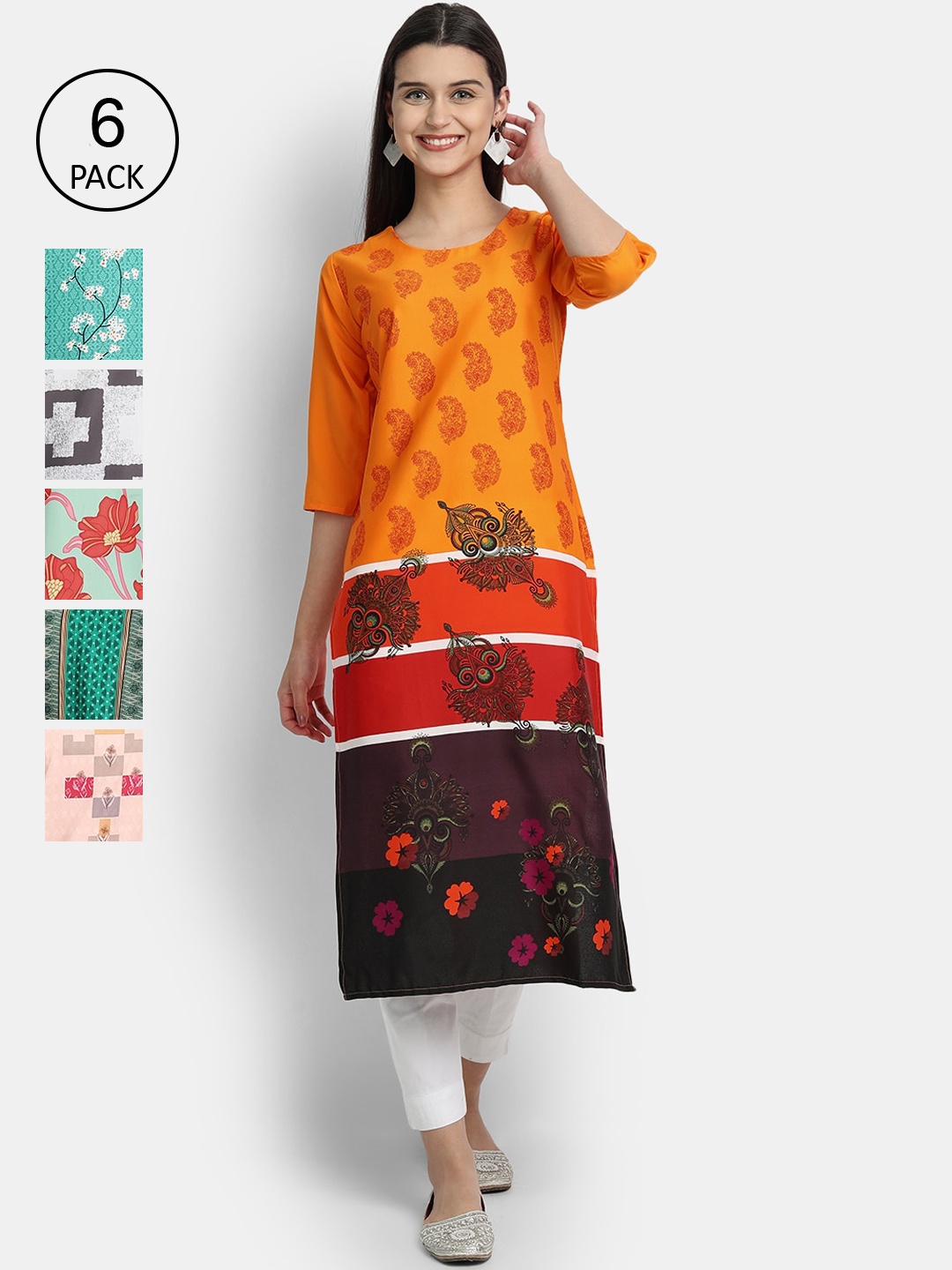 

1 Stop Fashion Women Pack Of 6 Multicoloured Digital Printed Crepe Kurta, Multi