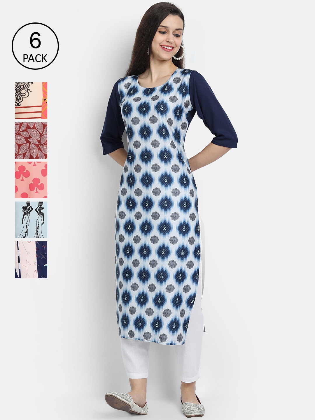 

1 Stop Fashion Women Pack of 6 Multicoloured Printed Crepe Straight Kurta, Multi