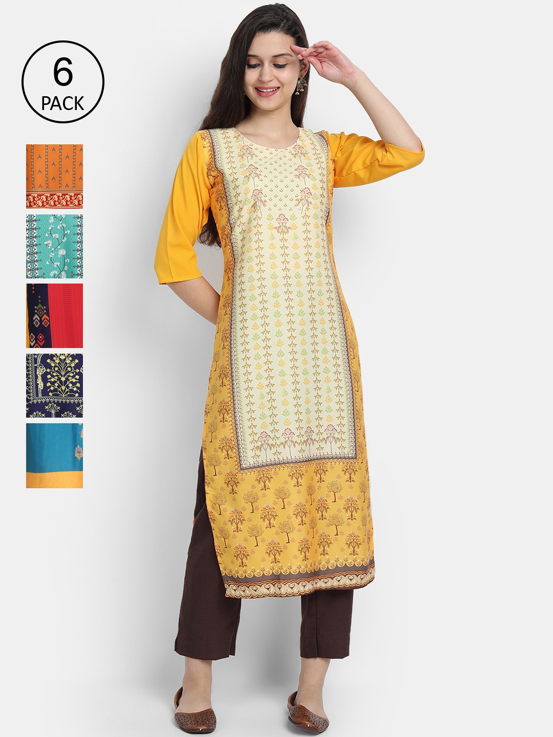 

1 Stop Fashion Women Pack Of 6 Multicoloured Digital Printed Crepe Kurta, Multi