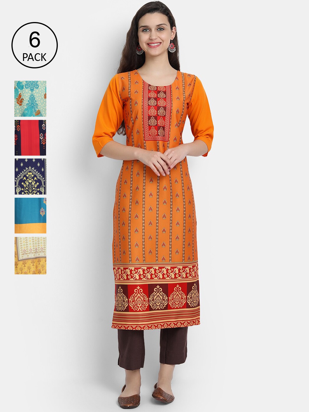 

1 Stop Fashion Women Pack Of 6 Digital Printed Crepe Kurta, Orange