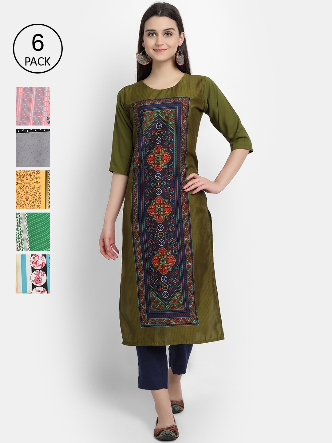 

1 Stop Fashion Women Pack of 6 Green & Grey Ethnic Motifs Printed Crepe Kurta