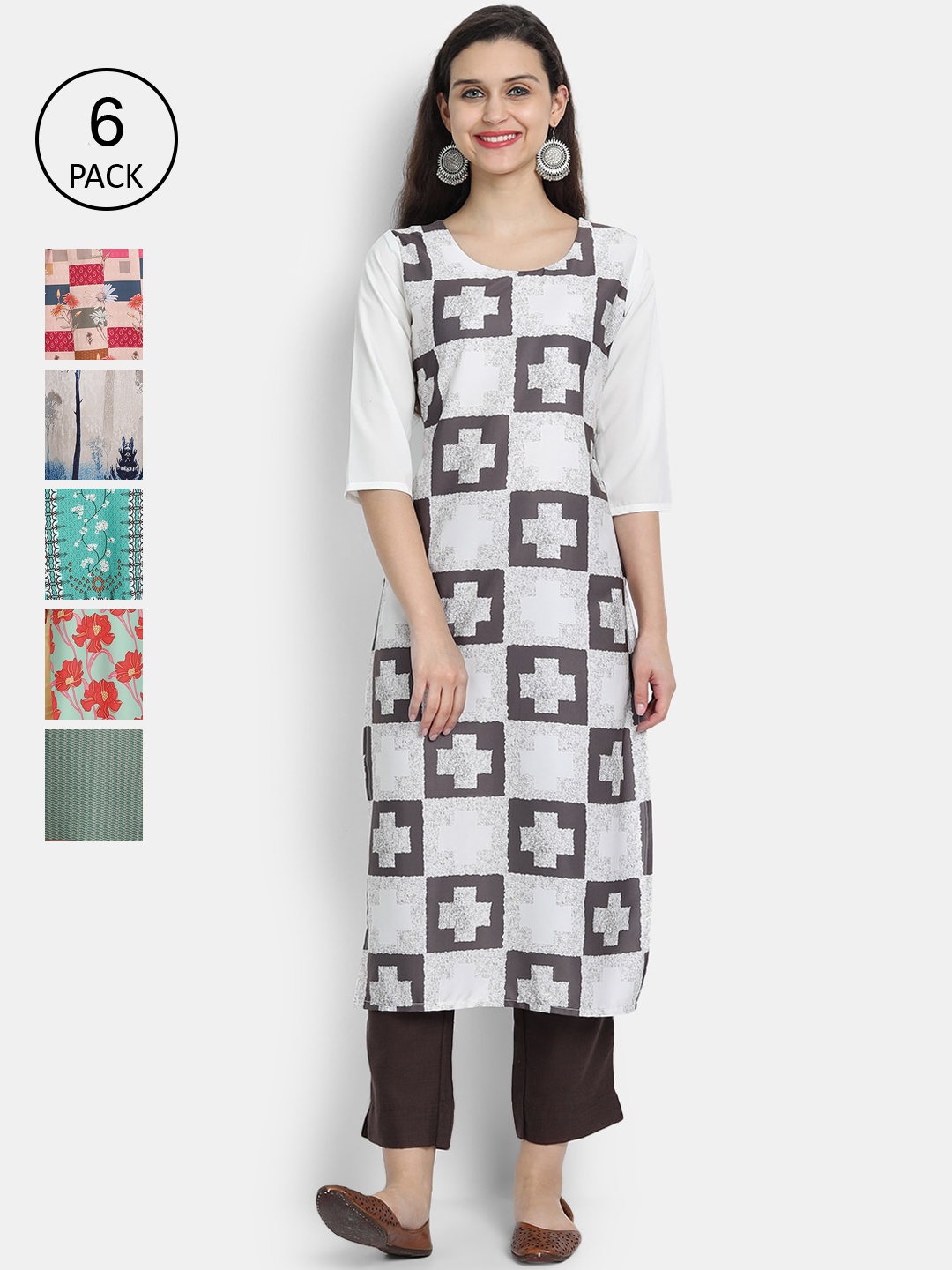 

1 Stop Fashion Women Pack Of 6 Multicoloured Digital Printed Crepe Kurta, Multi