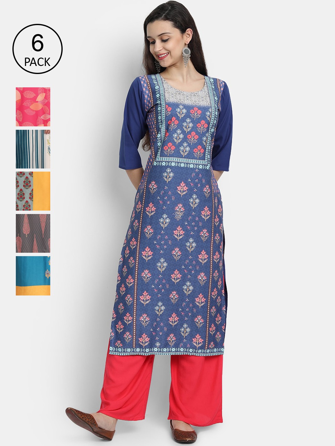 

1 Stop Fashion Women Blue & Yellow Pack of 6 Printed Crepe Kurta