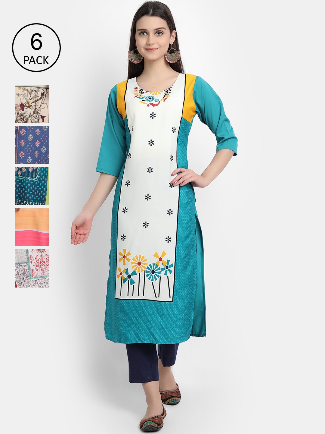 

1 Stop Fashion Women Blue & White Pack of 6 Printed Crepe Kurta