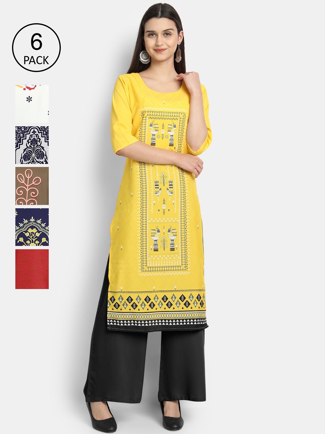 

1 Stop Fashion Women Pack Of 6 Multicoloured Digital Printed Crepe Kurta, Multi