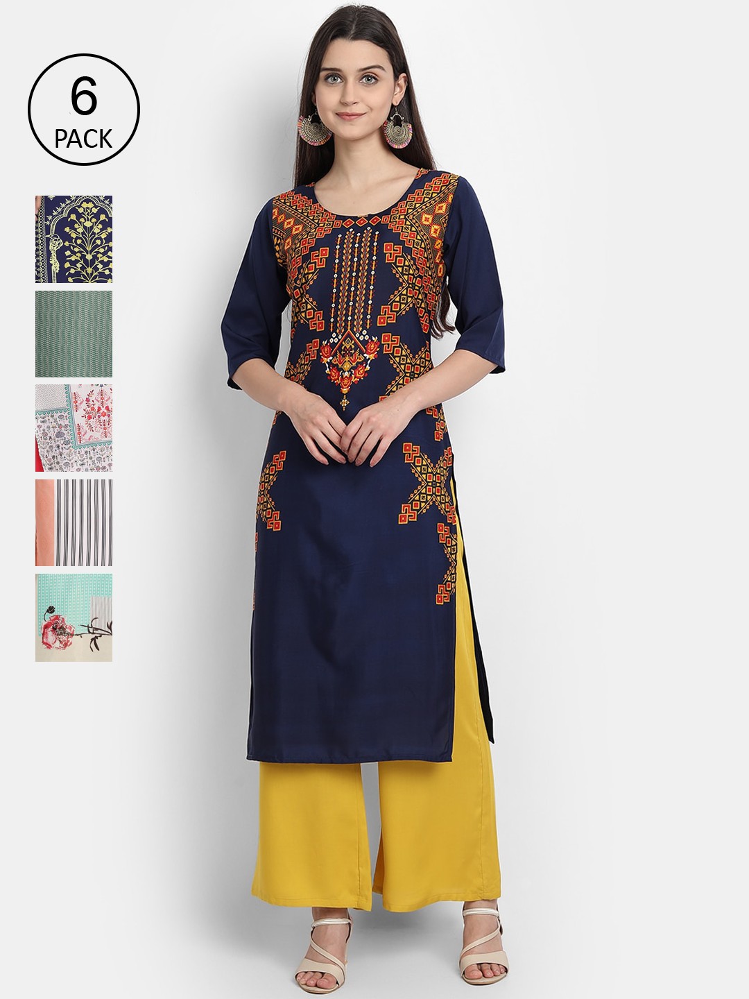 

1 Stop Fashion Woman Pack of 6 Multicoloured Printed Crepe Kurta, Multi
