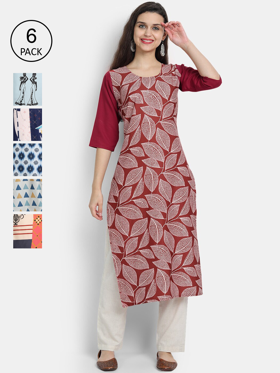 

1 Stop Fashion Women Red & Beige Pack of 6 Printed Crepe Kurta