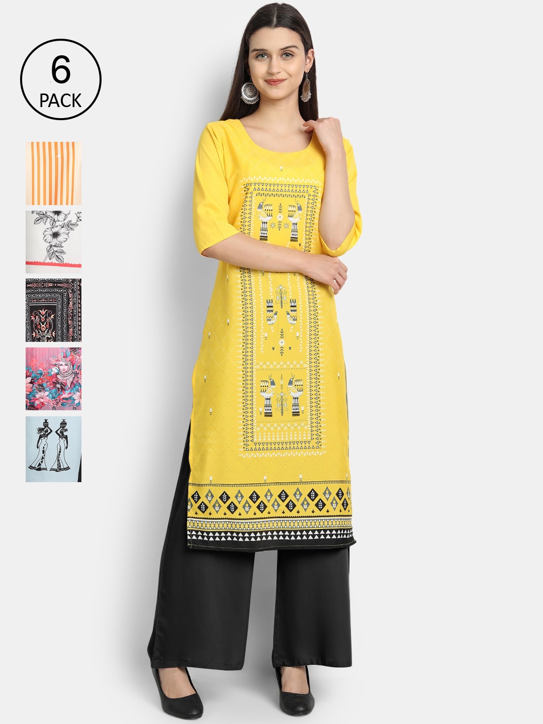 

1 Stop Fashion Women Pack Of 6 Multicoloured Geometric Printed Crepe Kurtas, Multi
