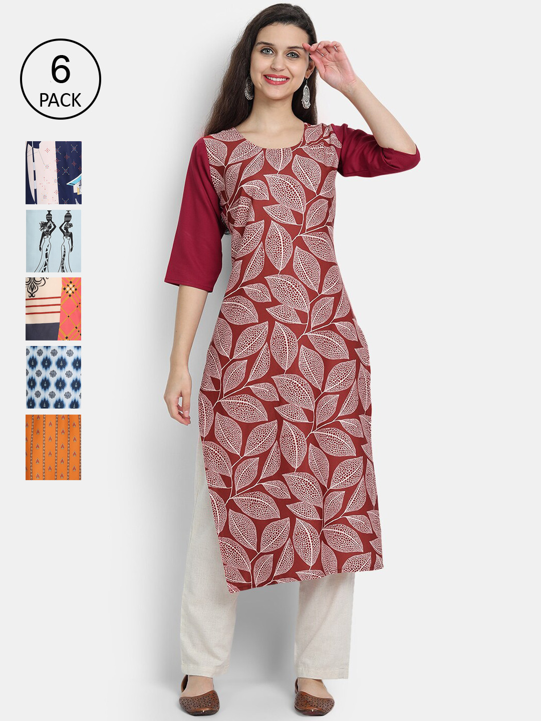

1 Stop Fashion Women Pack Of 6 Multicoloured Geometric Printed Crepe Kurtas, Multi
