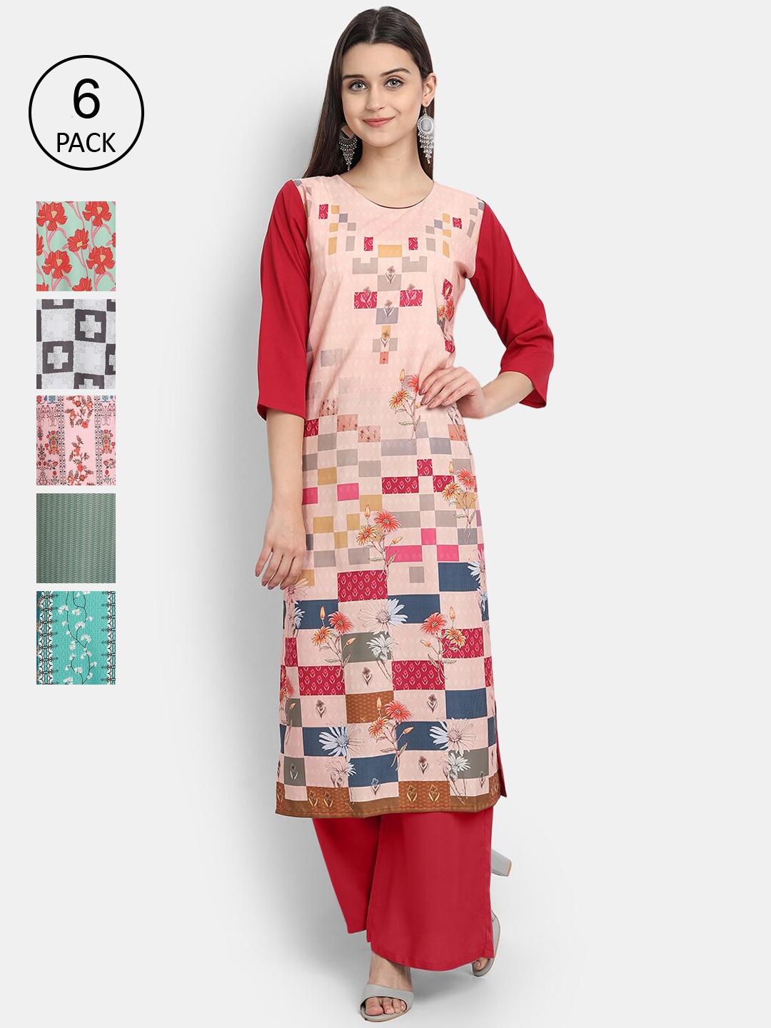 

1 Stop Fashion Women Pack Of 6 Floral Printed Kurta, Red