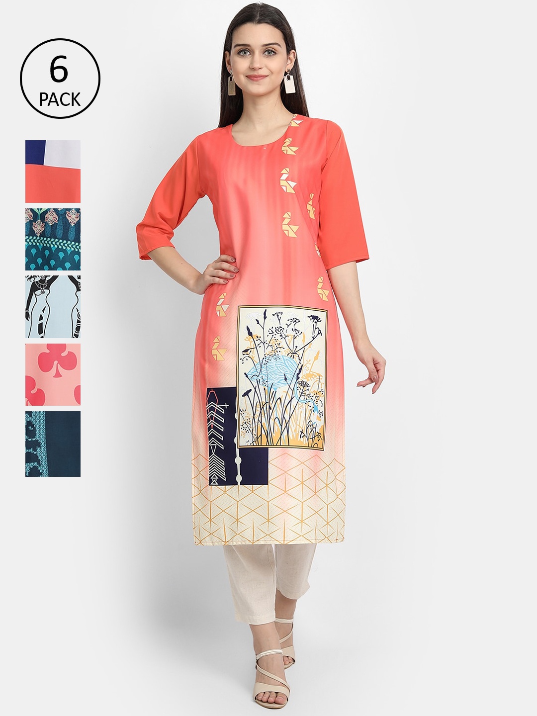 

1 Stop Fashion Pack of 6 Women Printed Crepe Kurta, Multi