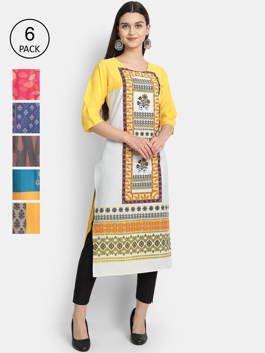 

1 Stop Fashion Women Pack Of 6 Multicoloured Digital Printed Crepe Kurta, Multi