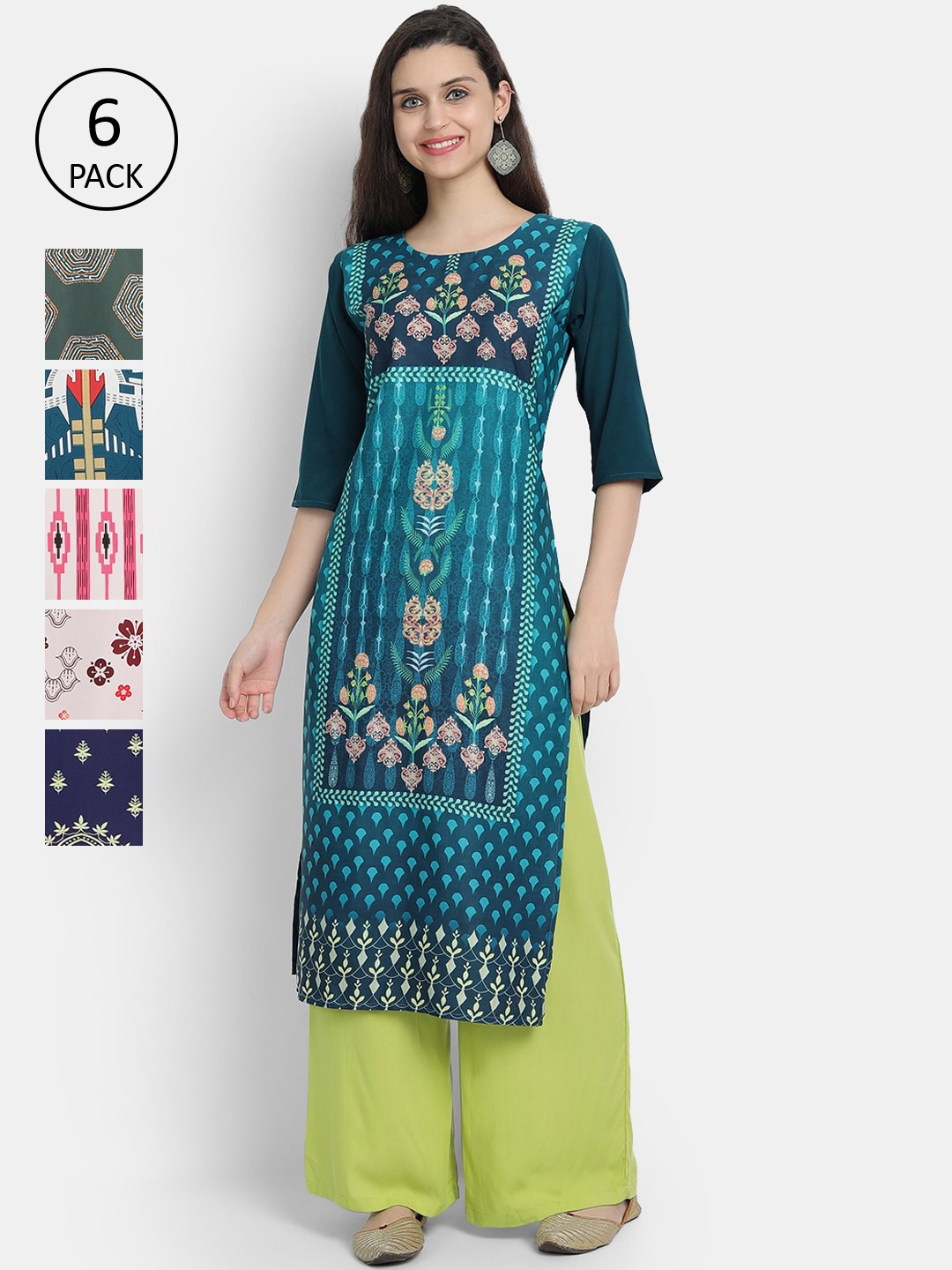 

1 Stop Fashion Women Pack of 6 Printed Kurtas, Teal