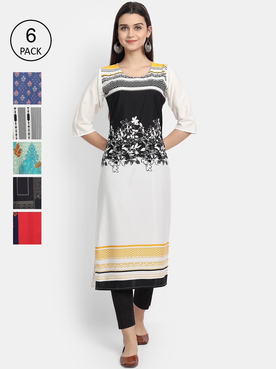 

1 Stop Fashion Women Pack Of 6 Printed Crepe Kurta, White