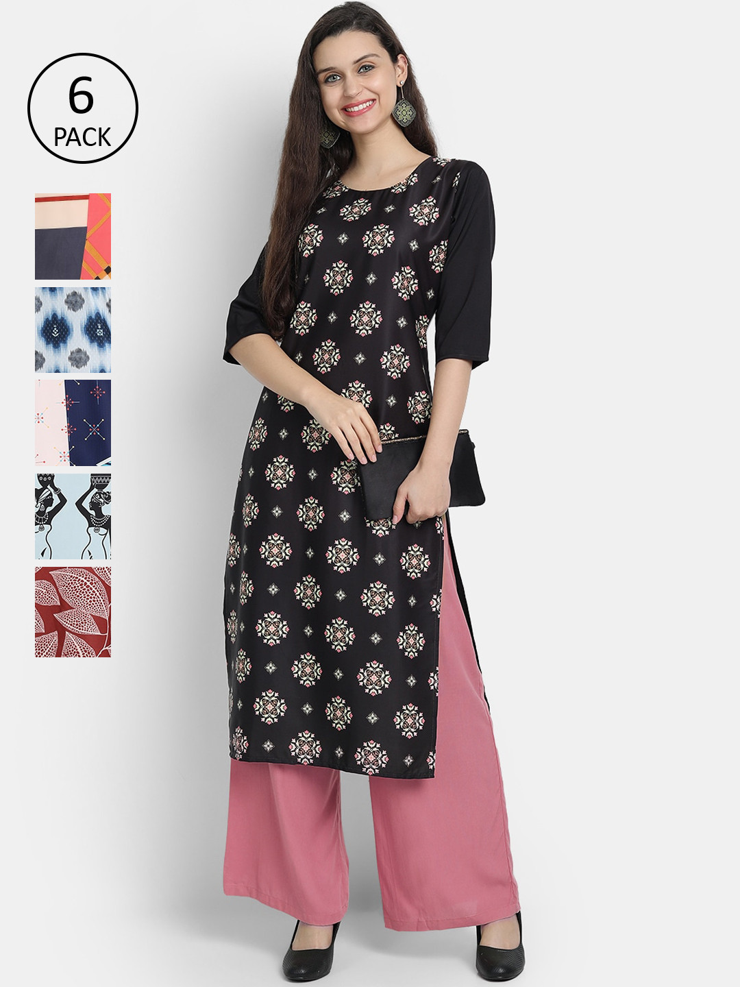 

1 Stop Fashion Women Pack Of 6 Floral Printed Kurta, Black