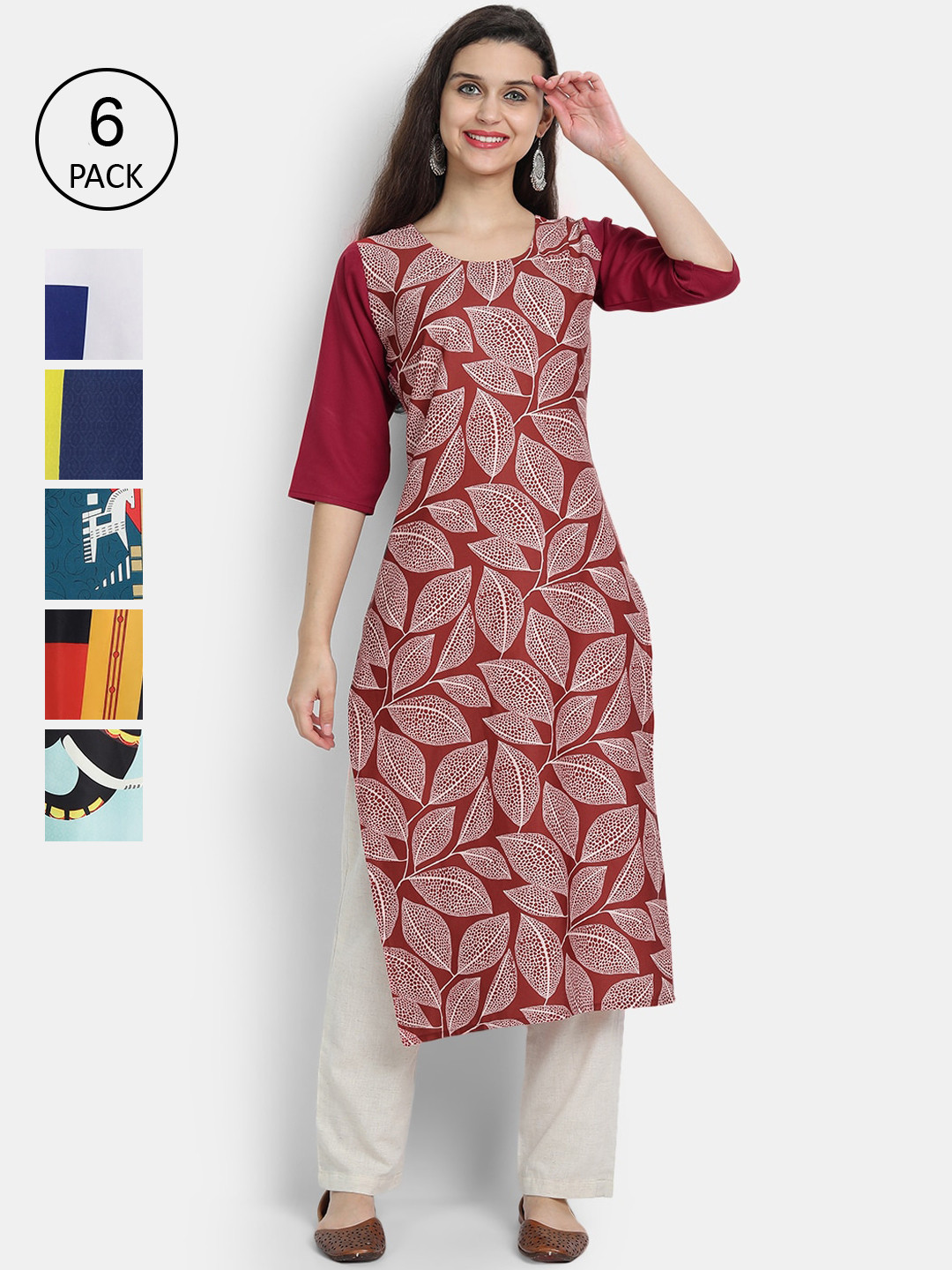 

1 Stop Fashion Woman Pack of 6 Multicoloured Printed Crepe Kurta, Multi