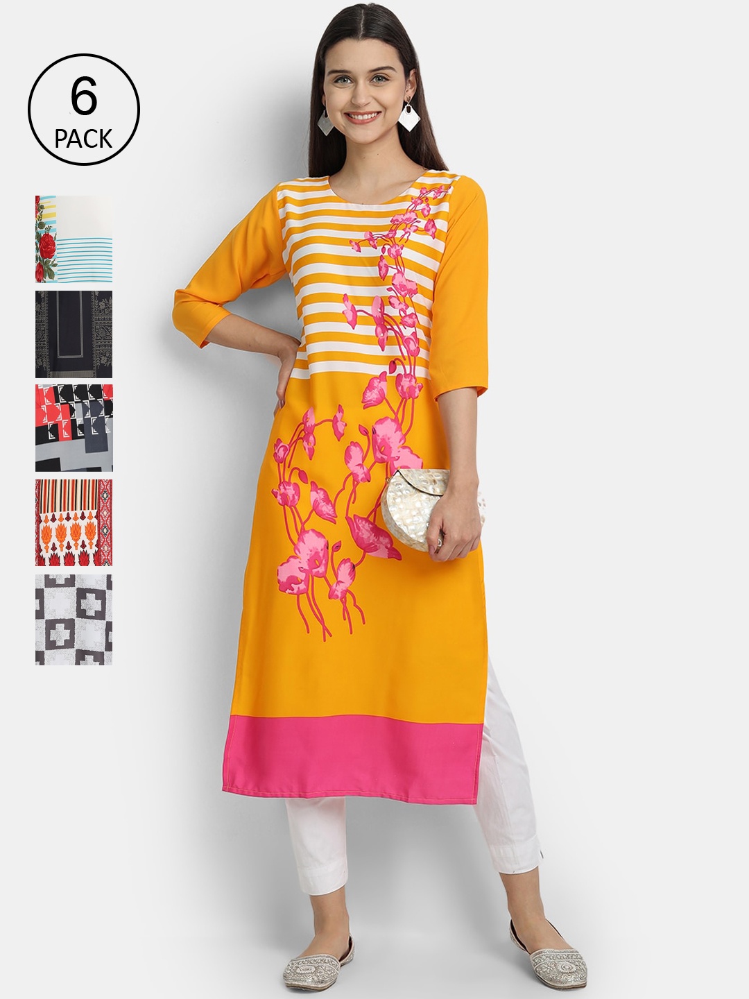 

1 Stop Fashion Women Pack of 6 Yellow & Black Floral Printed Kurta