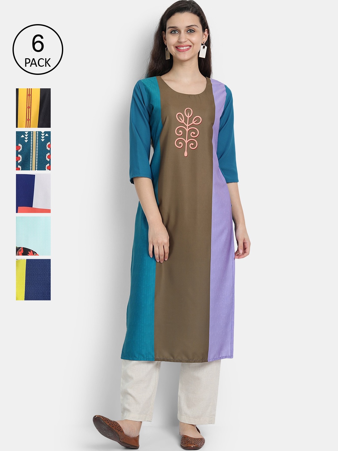 

1 Stop Fashion Women Pack of 6 Green & Red Printed Crepe Kurta