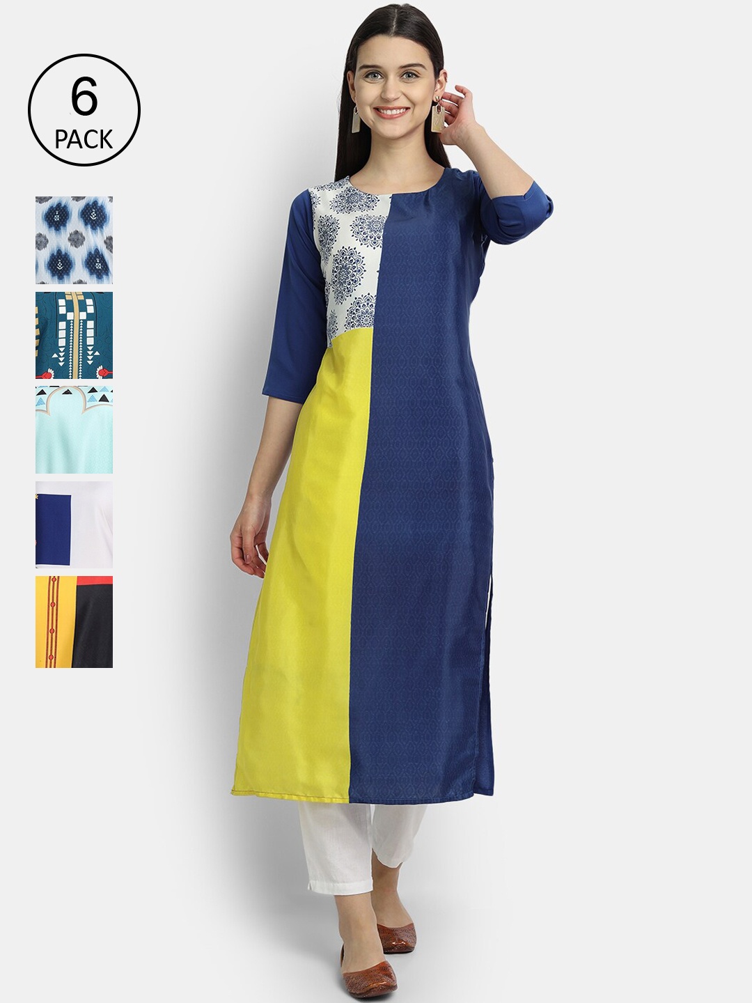 

1 Stop Fashion Women Pack of 6 Digital Printed Straight Kurtas, Blue
