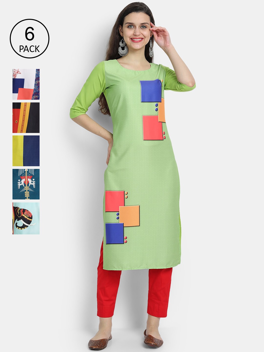 

1 Stop Fashion Women Pack Of 6 Clourblocked Printed Kurta, Green