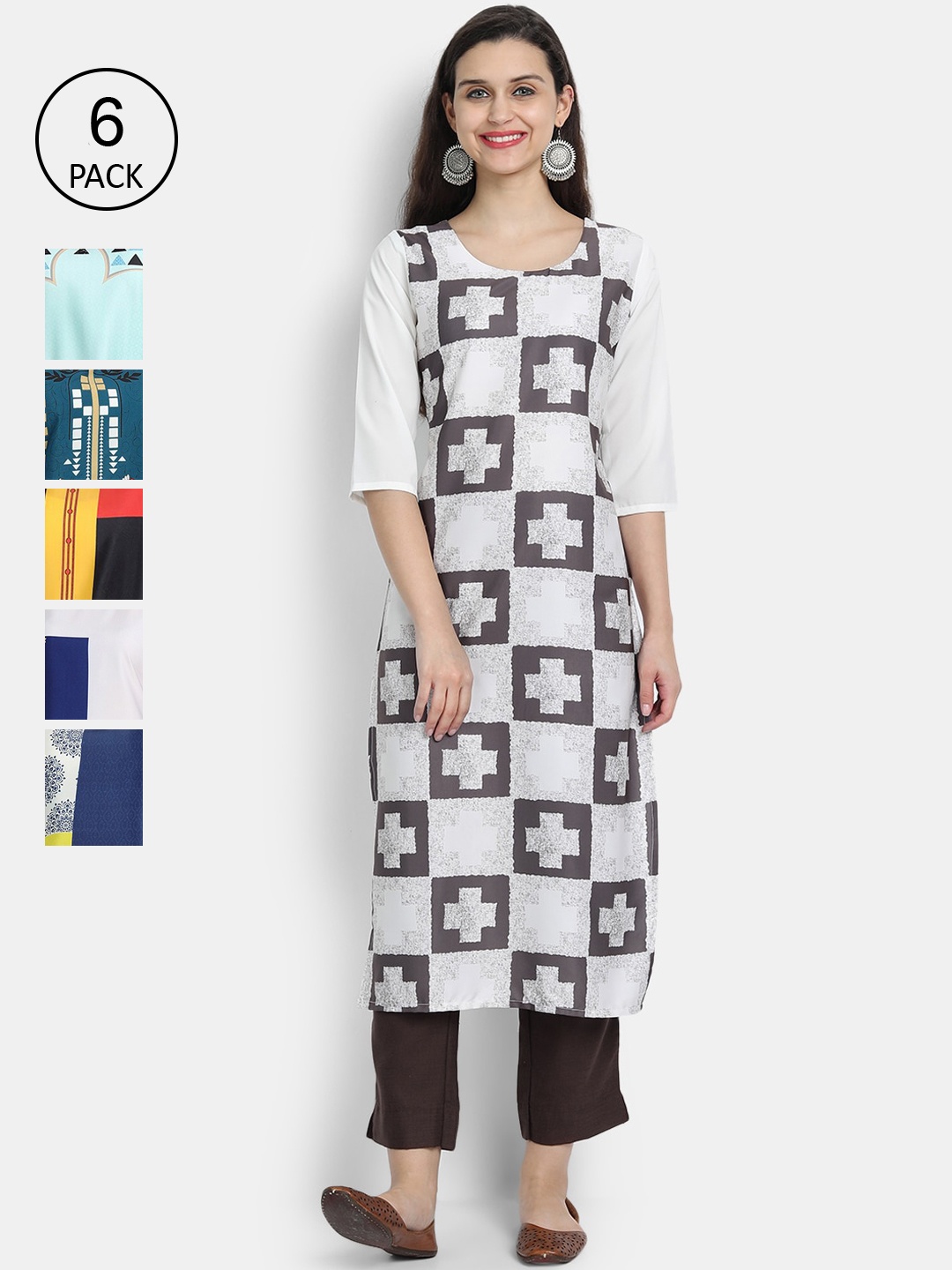 

1 Stop Fashion Women Pack Of 6 Multicoloured Geometric Printed Crepe Kurtas, Multi