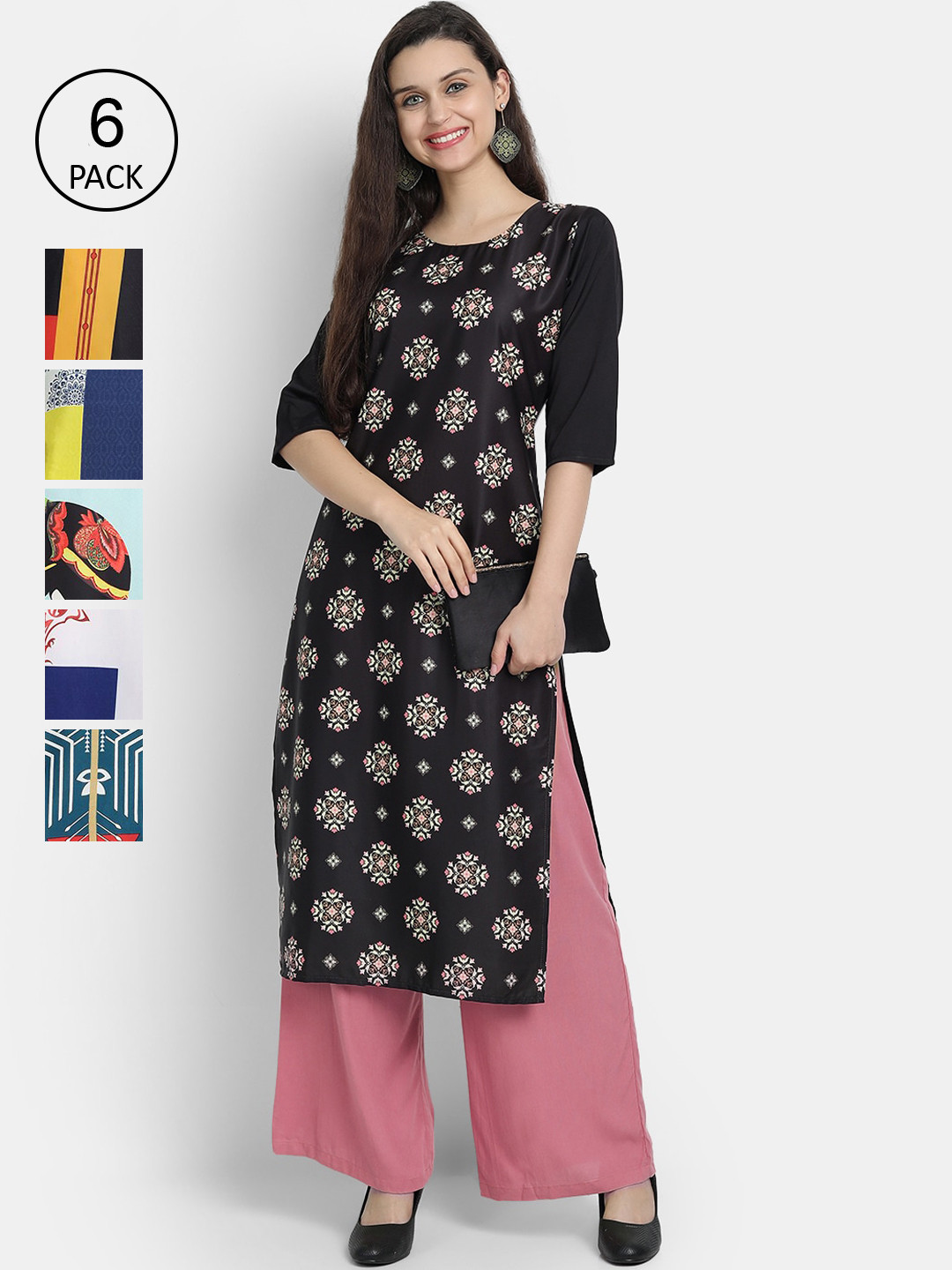 

1 Stop Fashion Woman Pack of 6 Multicoloured Floral Printed Crepe Kurta, Multi