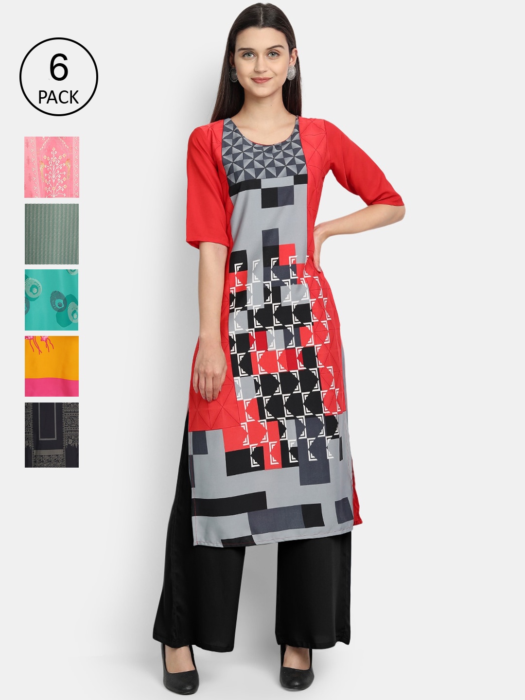 

1 Stop Fashion Women Pack Of 6 Digital Printed Crepe Kurta, Red