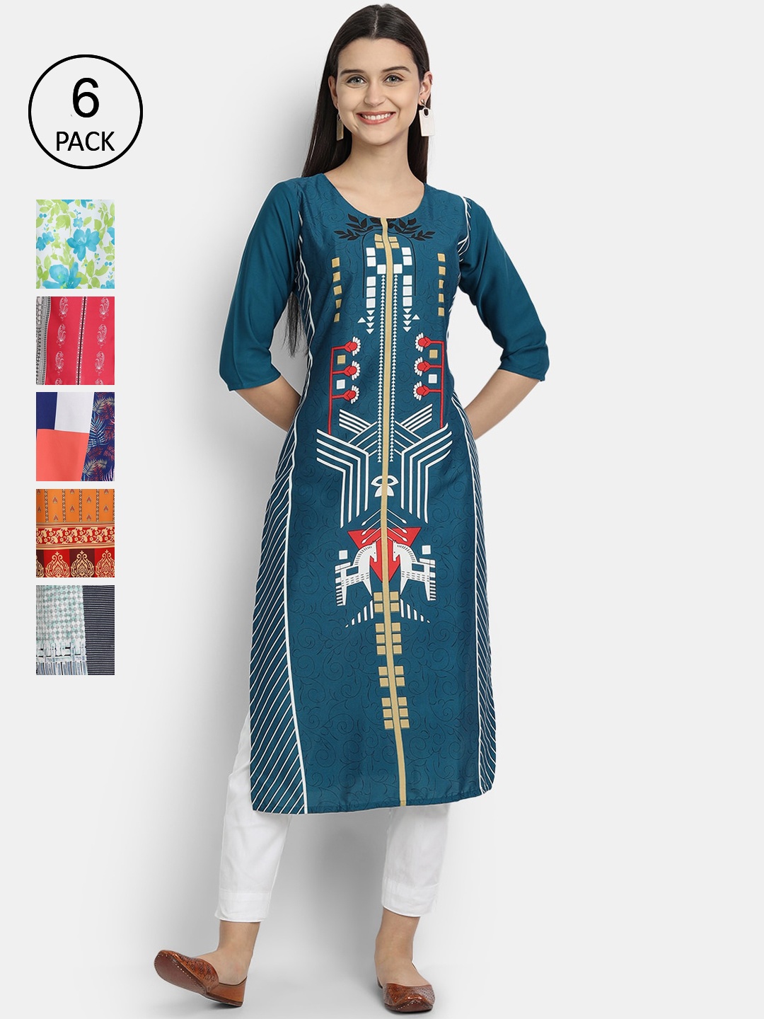 

1 Stop Fashion Women Pack Of 6 Multicoloured Digital Printed Crepe Kurta, Multi