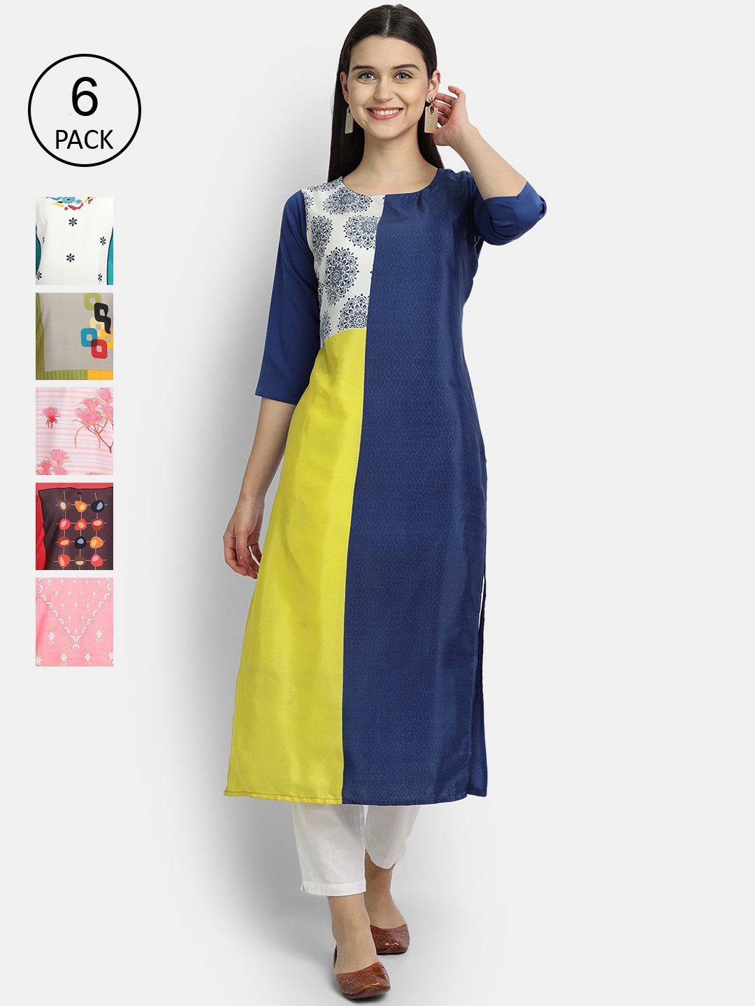 

1 Stop Fashion Women Pack Of 6 Floral Printed Kurta, Blue