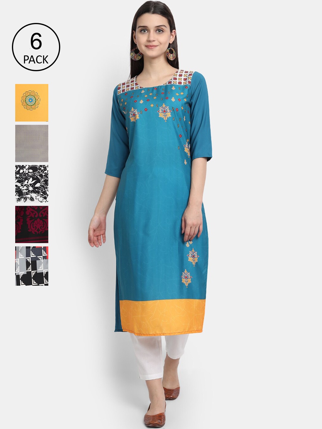 

1 Stop Fashion Pack of 6 Women Printed Crepe Kurta, Multi