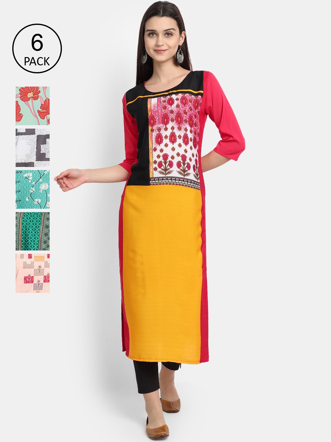

1 Stop Fashion Pack of 6 Women Printed Crepe Kurta, Multi