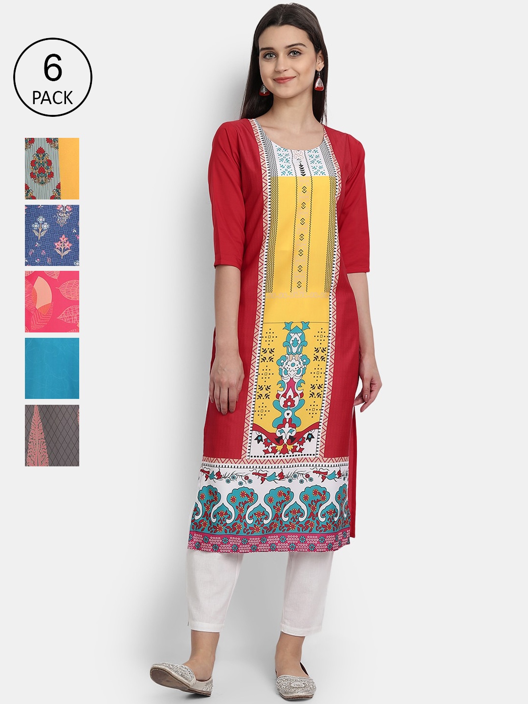 

1 Stop Fashion Women Pack Of 6 Floral Printed Kurta, Pink