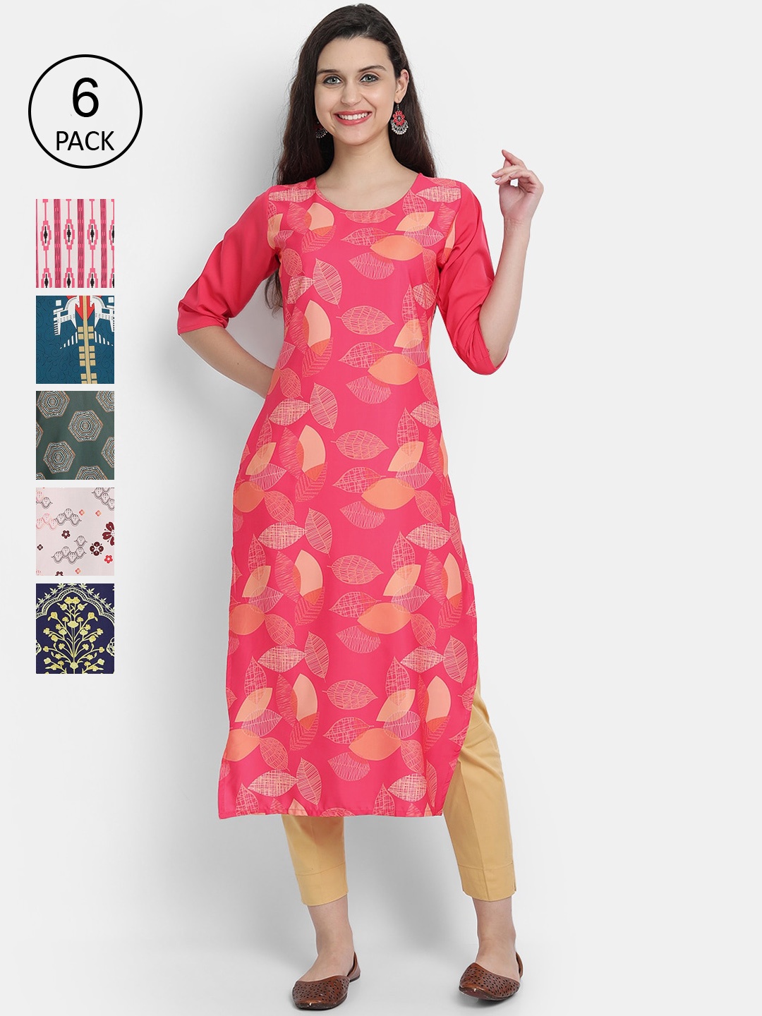 

1 Stop Fashion Women Pack of 6 Multicoloured Printed Crepe Straight Kurta, Multi