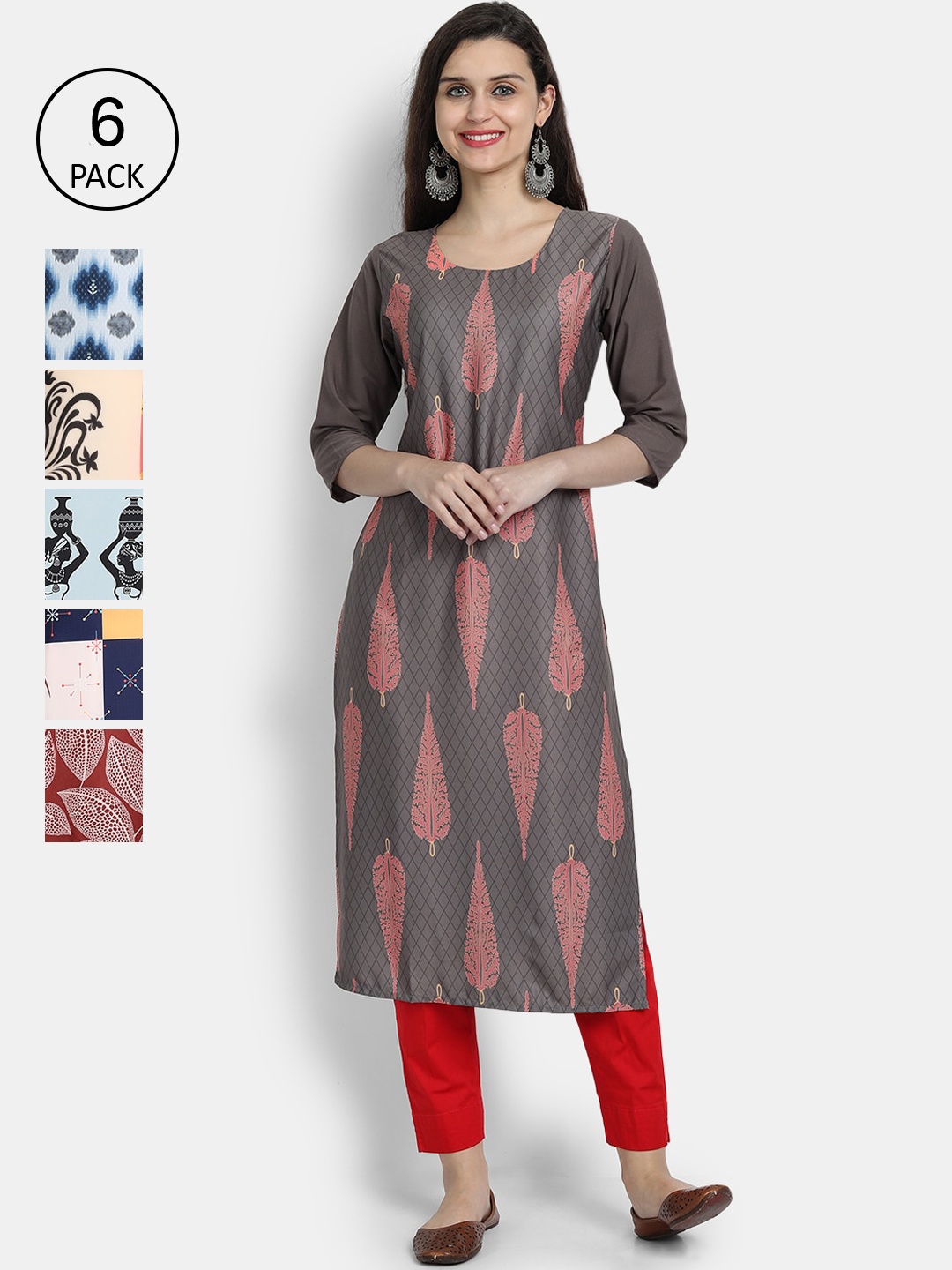 

1 Stop Fashion Women Pack of 6 Grey & Blue Ethnic Motifs Printed Kurta