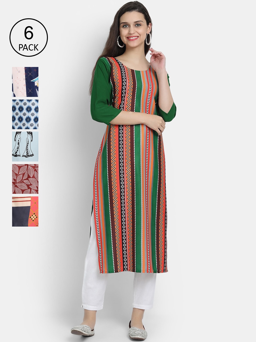 

1 Stop Fashion Woman Pack of 6 Multicoloured Striped Crepe Kurta, Multi
