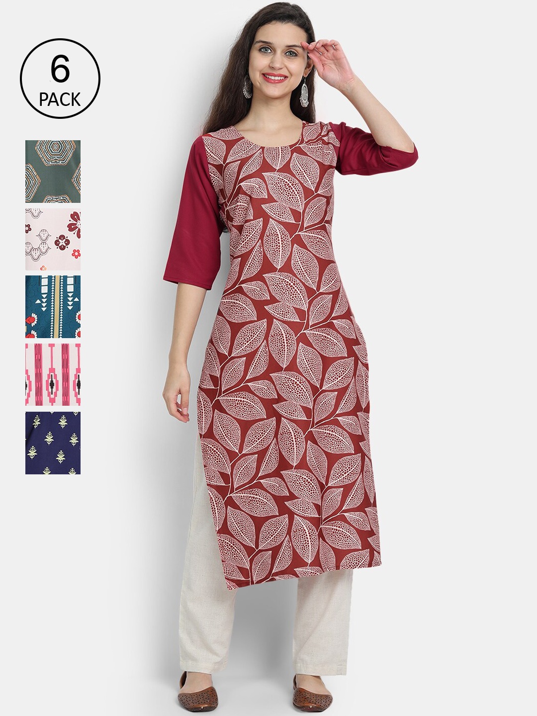 

1 Stop Fashion Women Pack Of 6 Abstract Printed Kurta, Maroon