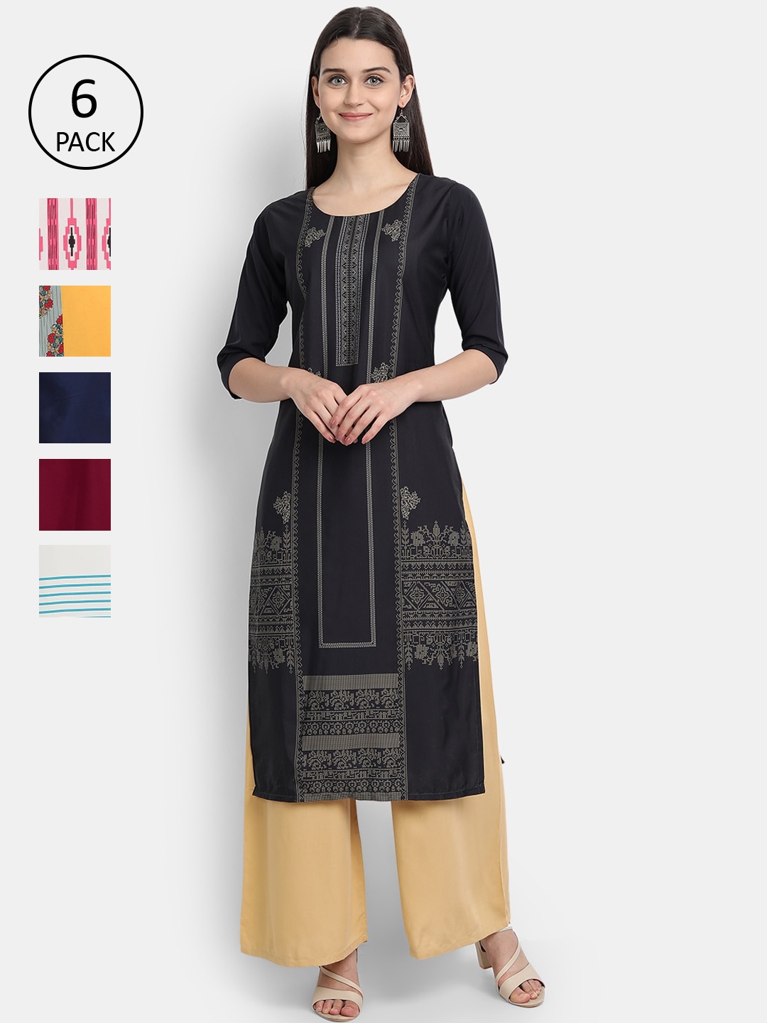 

1 Stop Fashion Women Pack Of 6 Kurtas, Black