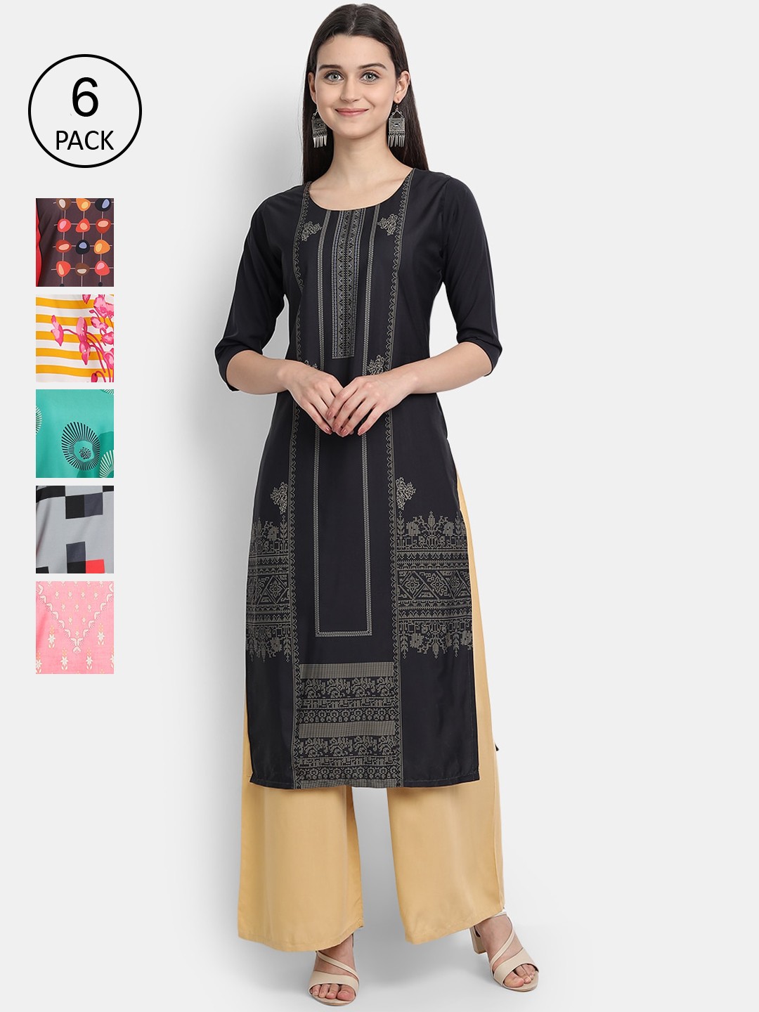 

1 Stop Fashion Women Pack of 6 Printed Kurtas, Black