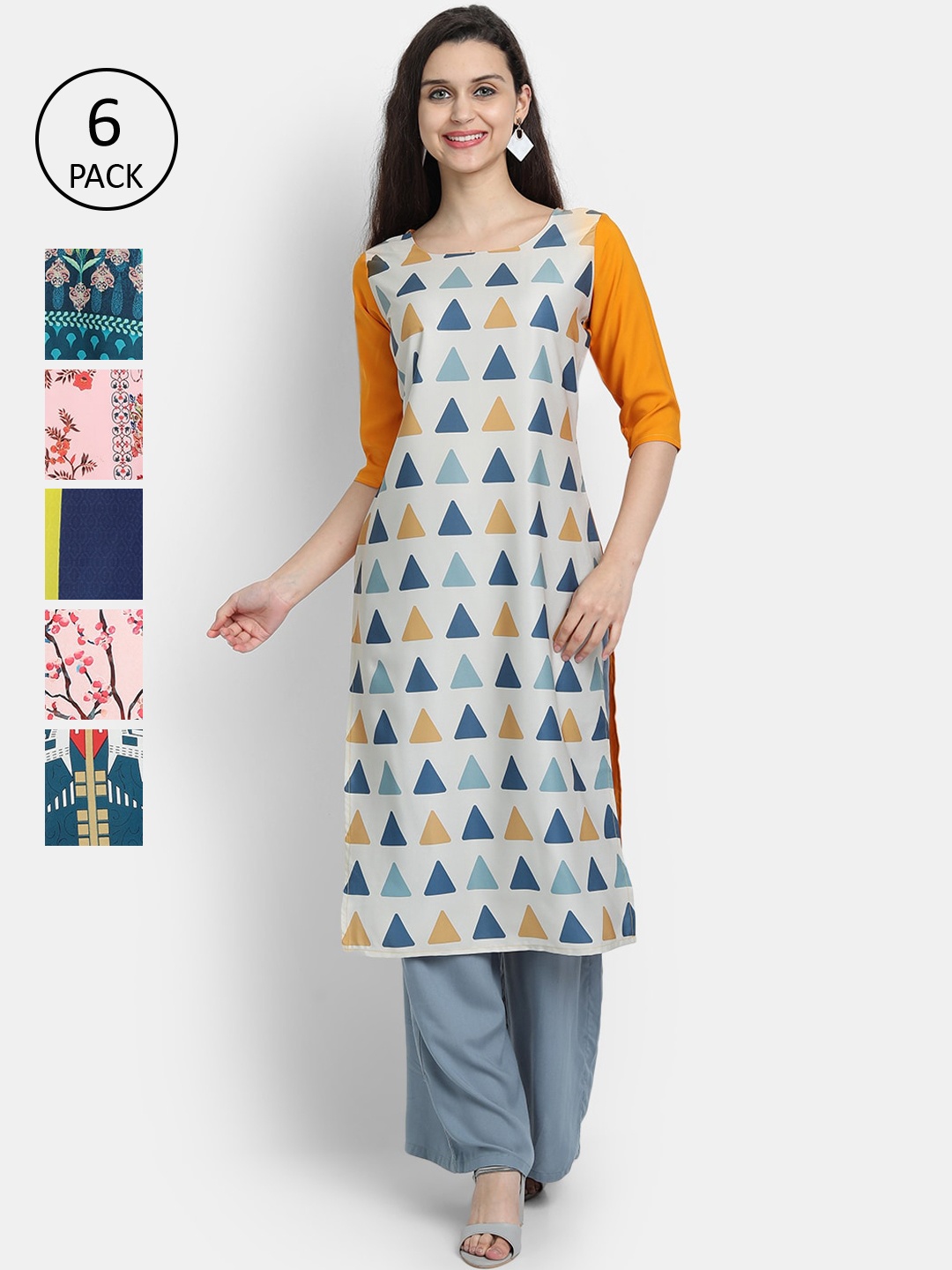 

1 Stop Fashion Woman Pack of 6 Multicoloured Geometric Printed Crepe Kurta, Multi