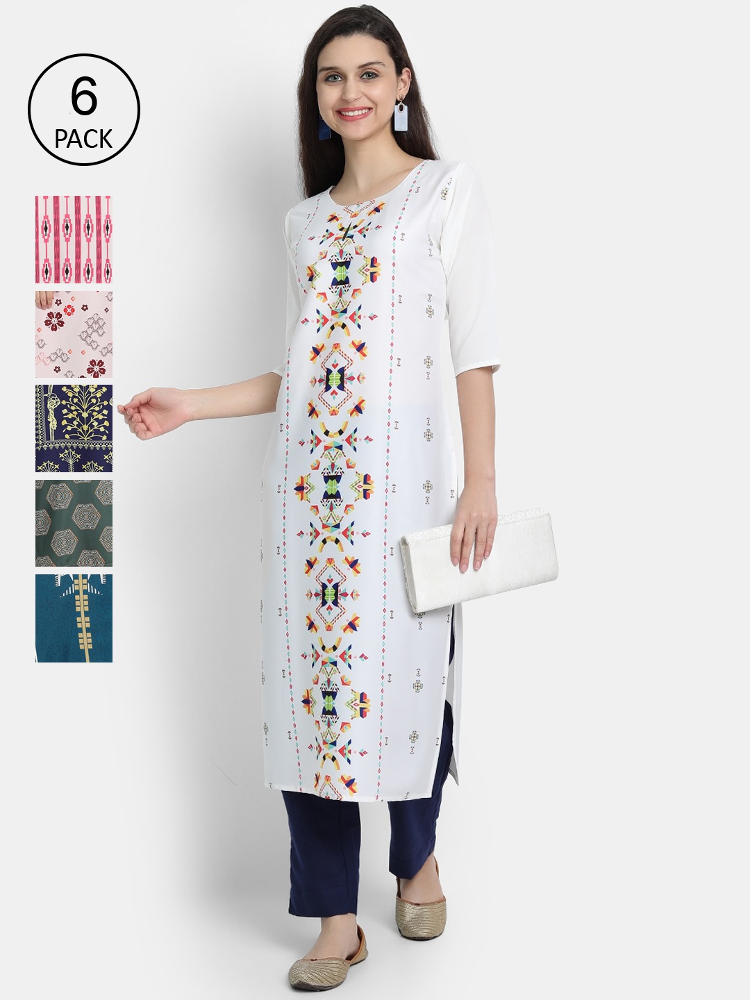

1 Stop Fashion Women Pack Of 6 Multicoloured Digital Printed Crepe Kurta, Multi