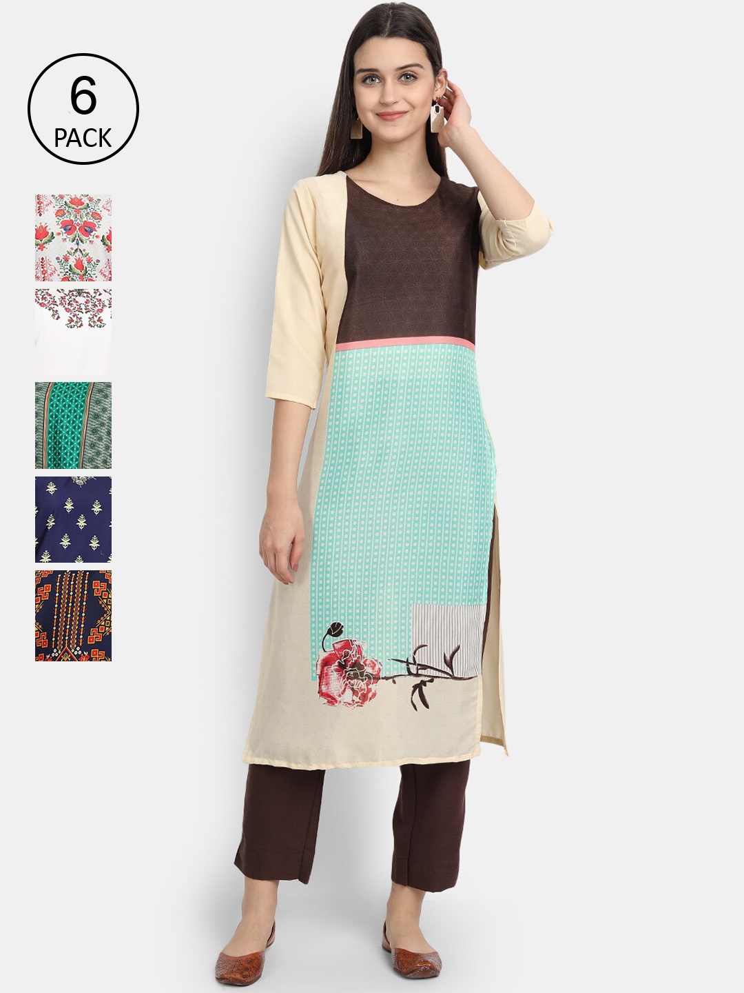 

1 Stop Fashion Women Set of 6 Printed Crepe Kurta, Multi
