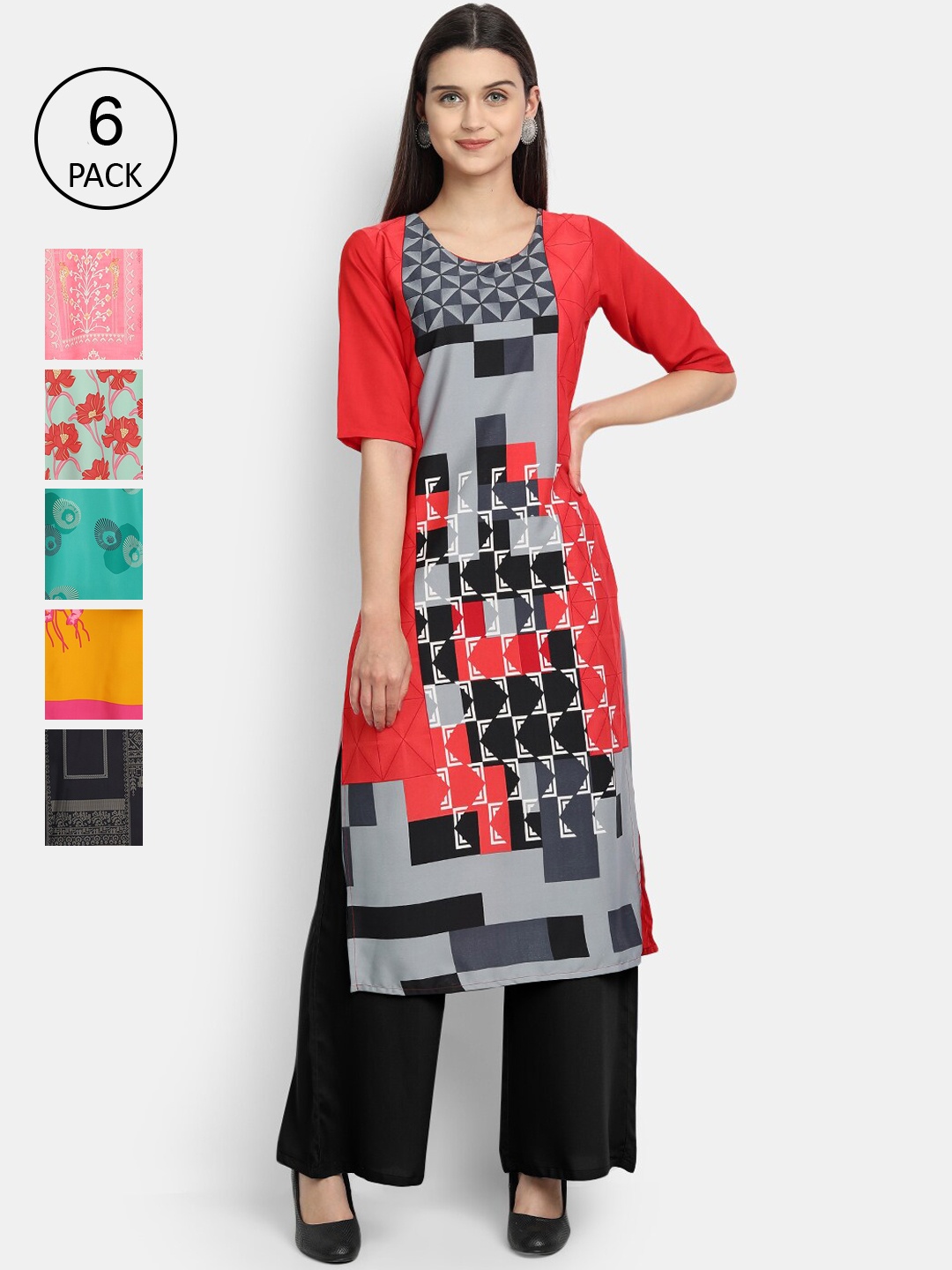 

1 Stop Fashion Women Pack Of 6 Floral Printed Kurta, Black