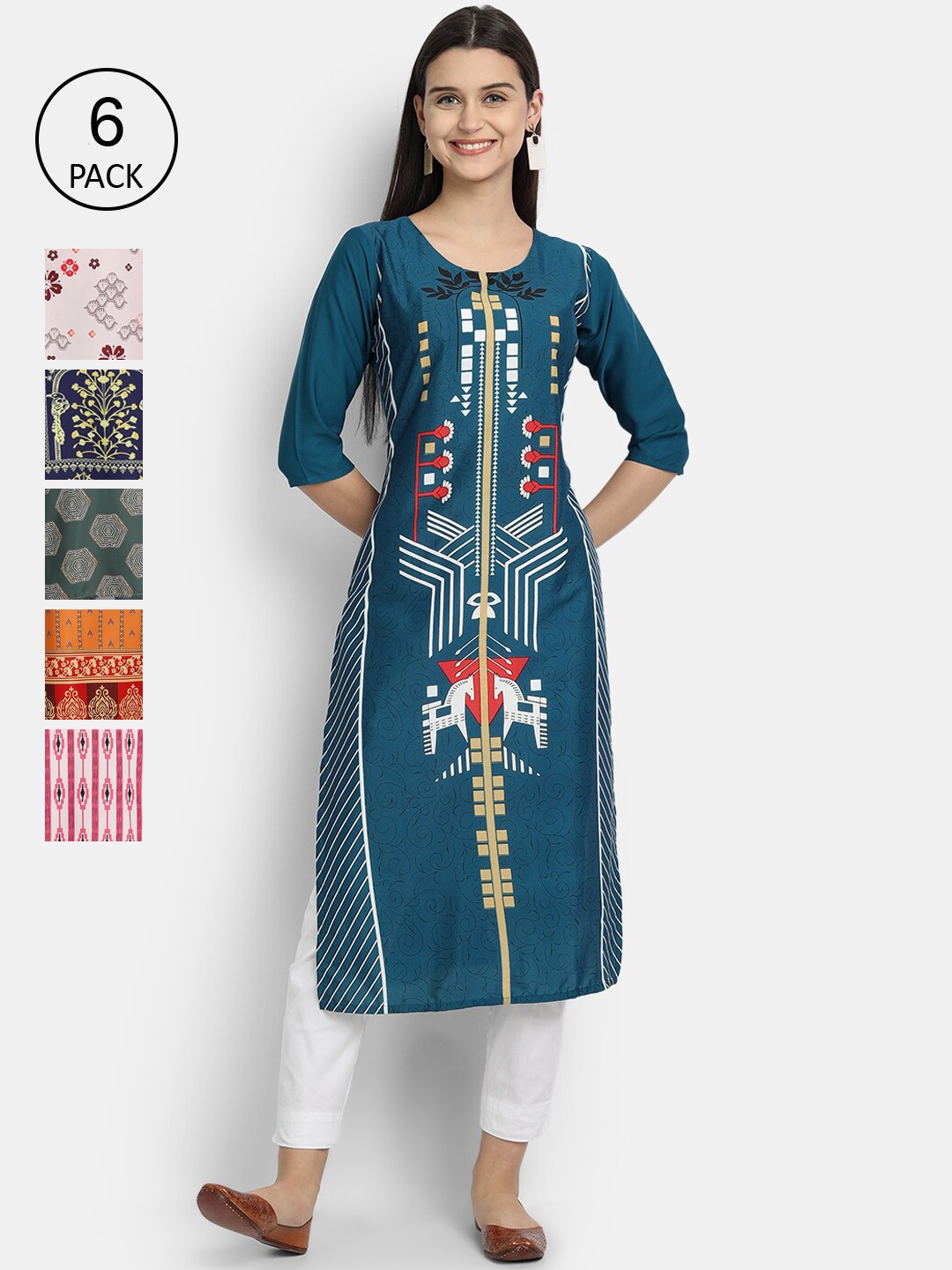

1 Stop Fashion Women Pack of 6 Digital Printed Straight Kurtas, Teal